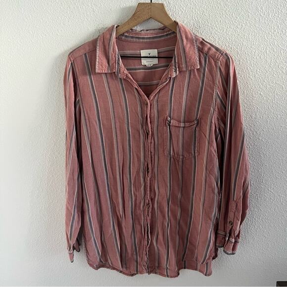 American Eagle Oversized Fit Striped Button Front Long Sleeve Medium - Picture 1 of 8